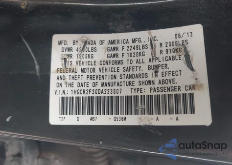 2013 Honda Accord Lx из США, поврежденный, VIN 1HGCR2F30DA233507